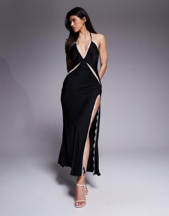 Bardot Orada - Vestito al polpaccio in raso nero allacciato al collo con cut-out e finiture in pizzo