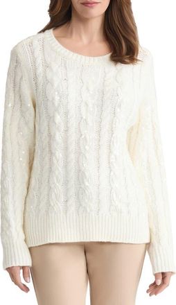 Jones New York Sequin Embellished Cable Crewneck Sweater in Jones White at Nordstrom, Size X-Large P