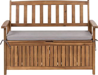 Beliani Banco De Jard&iacute;n Con Almacenaje De Madera Maciza De Acacia R&uacute;stico 120 Cm Con Coj&iacute;n De Olefina Gris Sovana