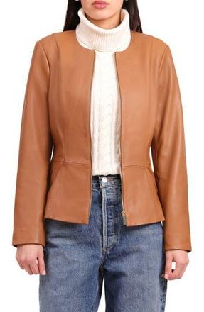 Bagatelle Genuine Leather Zip Front Peplum Jacket in Cognac at Nordstrom Rack, Size X-Small