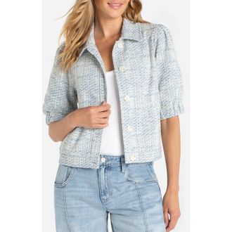 Liverpool L.A. Short Puff Sleeve Tweed Jacket in Cream Blue Plaid at Nordstrom, Size X-Small