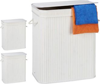 Relaxdays 3 x Cestos Ropa Sucia Rectangulares con 2 Compartimentos, Cubo Colada, Canasta con Tapa, Bambú, 95 l, Blanco