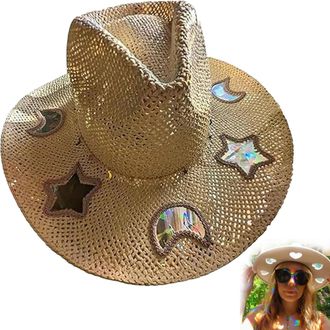 Generic Sun Catcher Cowgirl Straw Prism Hat, 2025 New Bohemian Rainbow Star Moon Hollow Womens Hats, Hand-Woven Sun Hat for Beach Travel (UK, Alpha, One Size,