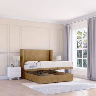 Sloomy Devonshire Plush Fabric Ottoman Bed End Opening With Sprung Memory Mattress & 54 Inch Floorstanding Headboard With Wings | Size: Small Double