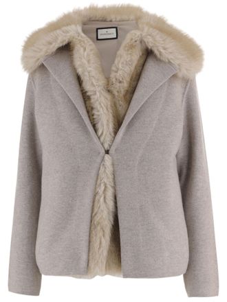 Bruno Manetti Beige Short Plush Fur Trim Wool-Cashmere Blend Jacket