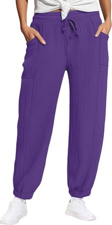 Generic Womens Linen Pants Drawstring Elastic Waist Cuffed Pants with Pockets Summer Loose Fit High Waist Trousers Holiday Beach Harem Trousers Lounge Bottoms