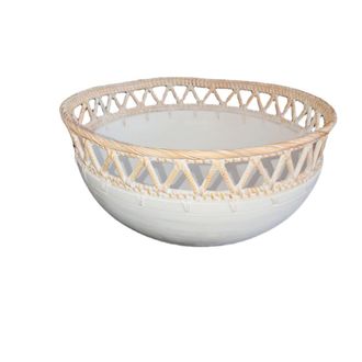 My Bliss Home Cuenco redondo de madera y mimbre, blanco D30 cm