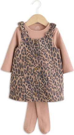Next Leopard Denim Pinafore Dress, Ribbed Bodysuit & Tights Set in Pink Multi at Nordstrom, Size 12-18M