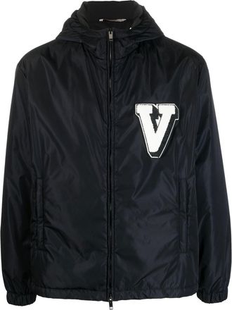 Valentino Garavani logo-patch hooded jacket - men - Acrylic/Polyamide/Polyester/Wool - 50 - Blue