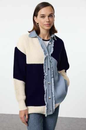 Trendyol Modest Dames Blauw Colorblock Lang Oversized Modest Vesten