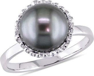 Amour 9.5 - 10 Mm Black Tahitian Pearl and 1/4 CT TW Diamond Cocktail Ring In 14K White Gold