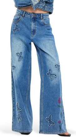 Desigual Floral Embroidered Butterfly Appliqu&eacute; Wide Leg Jeans in Medium Blue at Nordstrom, Size 36