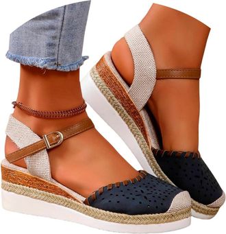 Generic Womens Closed Toe Espadrilles Sandals Summer Wide Fit Wedge Ankle Strap Sandal Non-slip Platform Shoes Comfortable Elegant Low Heels Walking Slippers 