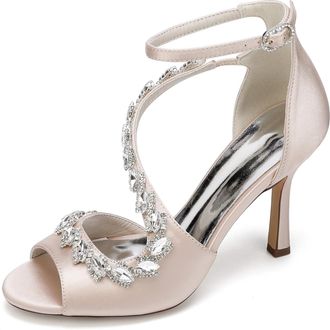 Generic Womens High Heels Satin Bridal Shoes Stiletto Sandals Dress Wedding Heel Formal Evening Shoes Rhinestone 9.5Cm,Champagne,10 UK