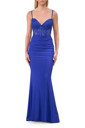 La Femme Lace and Jersey Dress with Ruched Skirt and V Neckline in Royal Blue at Nordstrom, Size 00