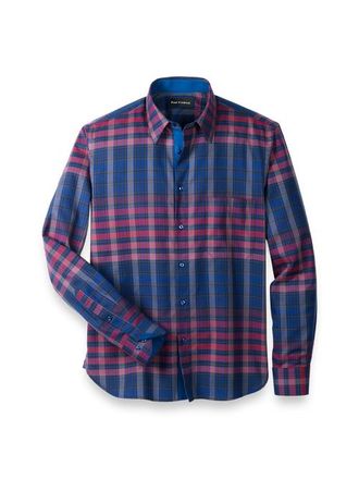 Paul Fredrick Slim Fit Cotton Plaid Point Collar Casual Shirt in Blue/burgundy at Nordstrom, Size X-Large