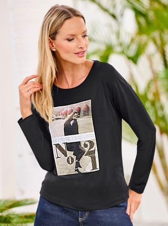 Heine Langarmshirt HEINE Langarm-Shirt, Damen, Gr. 34, schwarz, 95% Viskose, 5% Elasthan, Satin:3% Elasthan, 97% Polyester, bedruckt, gemustert, mehrfarbig,