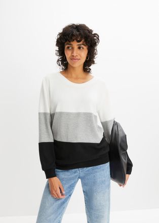 Bonprix Langarmshirt BONPRIX, Damen, Gr. 52/54 (XXL), weiss (wollwei&szlig;, hellgrau, schwarz gestreift), Obermaterial: 69% Polyester, 28% Viskose, 3% Elasthan, l&auml;