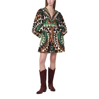 Farm Rio FARM Rio, Short Dresses, female, Multicolor, Size: XS Heart Deco Puff Sleeve Mini Dress