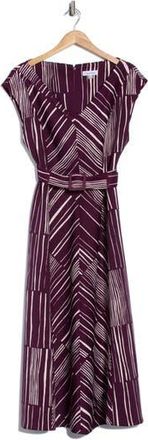 Calvin Klein Stripe Belted V-Neck Midi Dress in Aubergine/Cream at Nordstrom Rack, Size 14