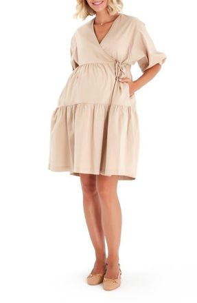 Accouch&eacute;e Waterfall Tie Waist A-Line Maternity/Nursing Wrap Dress in Beige at Nordstrom, Size Small/medium