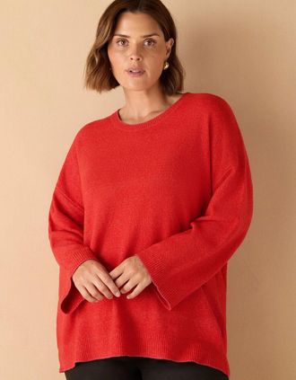 Live Unlimited London Womens Red Crew Neck Contrast Stitch Knit Jumper - Size: 14