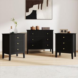 Melody Maison 3 Drawer Chest Of Drawers & Pair Of Bedside Tables - Hales Black Range