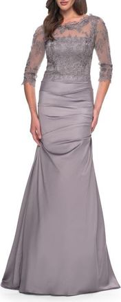 La Femme Satin and Lace Off the Shoulder Mermaid Gown in Silver at Nordstrom, Size 12