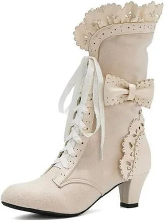 Generic Victorian Boots for Women Lace up Round Toe Vintage Gothic Boots High Heels Mid Calf Boot for Wedding Christmas Prom Party Halloween Witch Costume