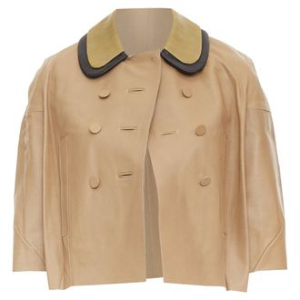 Marni brown leather green black dup collar cropped double breast jacket IT36 XXS