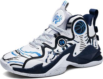 Generic Mens high top Basketball Shoes with Anti Slip, wear-Resistant and Fashionable Sports Boots Walking Shoes(White Blue,4.5 UK)