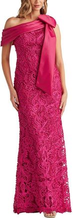 Tadashi Shoji Bow Detail Soutache Lace One-Shoulder Gown in Hibiscus at Nordstrom, Size 16