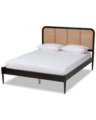 Design Studios Elston Mid-Century Modern Charcoal Finished Wood & Synthetic Rattan Queen Size Platform Bed