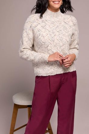 Tribal Mock Neck Drop Shoulder Sweater In Mix Cream-3288
