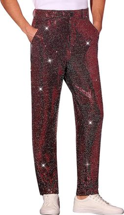 Generic Sparkly Trousers Men, Night Club Metallic Gold Suit Pants with Button Shiny Sparkly Straight Leg Trouser Stage Perform Singer Disco Pants Casual Faux 