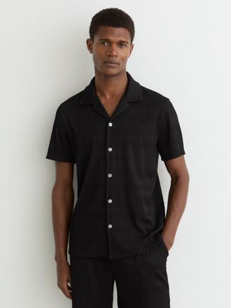 Reiss Black Textured-wave Cuban-collar Shirt, 2XL