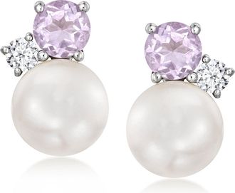 Ross-Simons 6.5mm Cultured Pearl and. Amethyst Earrings With. Lab-Grown Diamonds in Sterling Silver