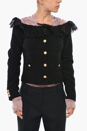 Alessandra Rich Blazer Off-Shoulder in Twee Boucl&egrave; con Dettaglio in Pizzo Alessandra Rich