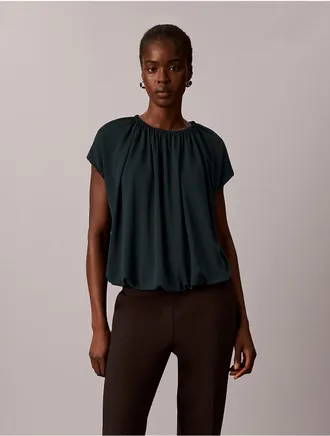 Calvin Klein Womens Matte Jersey Shirred Neck Top - Blue - XS