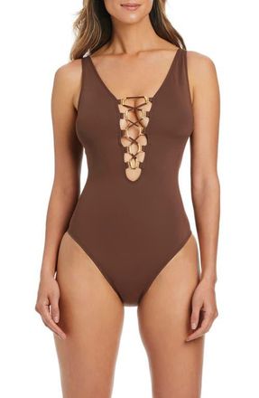Bleu Rod Beattie Lace Up One-Piece Swimsuit in Rockpool at Nordstrom, Size 14