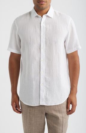 Bugatchi Orson Shaped Fit Short Sleeve Linen Button-Up Shirt in White at Nordstrom, Size Xxx-Large