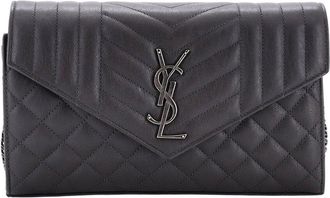 Saint Laurent Grey Mixed Matelasse Leather Classic Monogram Chain Wallet Medium (Authentic Pre-Loved)