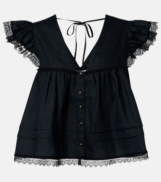 Ganni Lace-trimmed linen top