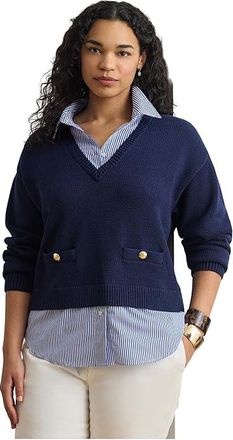 Lauren Ralph Lauren Plus Size Layered Button-Trim Cotton Sweater Womens Clothing Refined Navy : 1X
