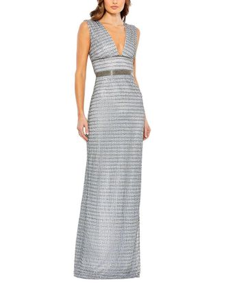 Mac Duggal Sleeveless Beaded V Neck Column Gown