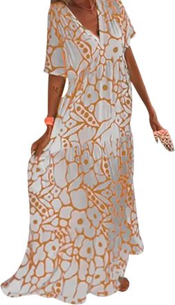 Generic Women Vintage Boho Floral Short Sleeve Maxi Dress Deep V Neck Loose Flowy Beach Dress Orange