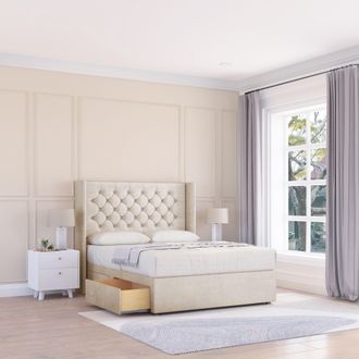 Sloomy Dior Plush Wingback Bed Set, 2 Drawers & 54 Floor Standing Headboard in Cream | Size: Super King