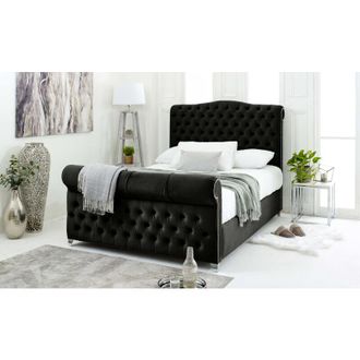 Casa Maynard Black Plush Velvet Matching Buttons King Bed Frame