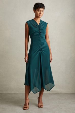Reiss Womens Green Ruched Mesh Midi Dress, Size: 4