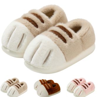 Generic Cat Paw Slippers Kids, Cute Kitten Pattern Plush Slippers, Winter Cute Cozy Fuzzy EVA Indoor Outdoor House Shoes (Light Khaki, UK, Little Kid, 11, Num